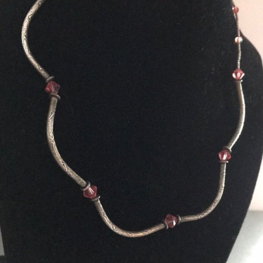 Vintage Sterling Silver Curved Carved Tube Beads Swarovski Crystal Necklace 17.5 - Picture 3 of 8